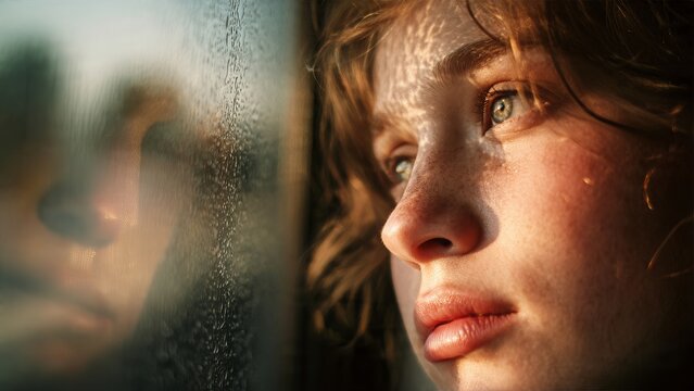 Pensive woman gazes through window with sunset light
- Powered by Adobe
