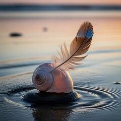 A close-up of a seashell with a feather resting on top, partially submerged in calm water during sunset, creating a peaceful and natural scene