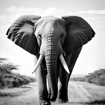 Black and white photo of an elephant with tusks