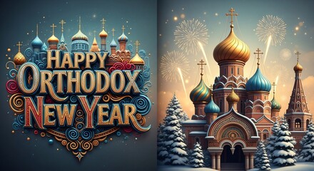 Happy Orthodox New Year Festive Illustration Russian Cathedral Fireworks Winter Holiday Greeting Card Design