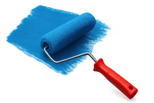 Paint roller applying blue paint, symbolizing home improvement, renovation, diy projects, and decorating walls
