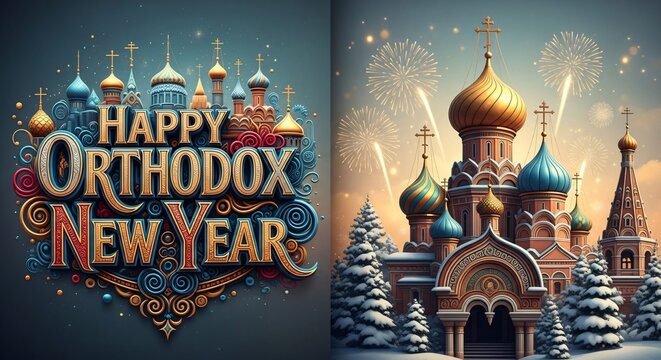 Happy Orthodox New Year Festive Illustration Russian Cathedral Fireworks Winter Holiday Greeting Card Design