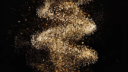 A captivating visual of golden glitter particles swirling dynamically against a black background, evoking celebration and elegance in a vibrant display.
