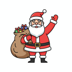 Cartoon illustration of Santa Claus holding a sack full of Christmas presents and waving, depicted in a cheerful and festive style.