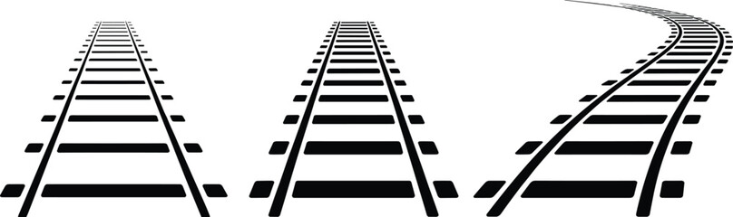 Black Railroad Track Icon Vector Set with Straight and Curved Rails, Perspective Depth for Travel, Transport, Engineering, and Infrastructure Design