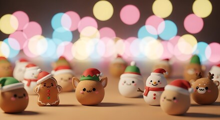 Fototapeta premium Kawaii Christmas Background with Pastel Plush Fuzzies and Glowing Holiday Bokeh.