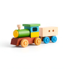 Wooden toy train with colorful blocs isolated over white