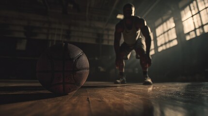 Fototapeta premium Focused athlete training with a basketball in an atmospheric gymnasium