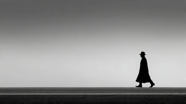 Mysterious figure walks in monochrome landscape with hat
