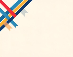 A cream background with colorful intersecting ribbons in blue, red, and yellow