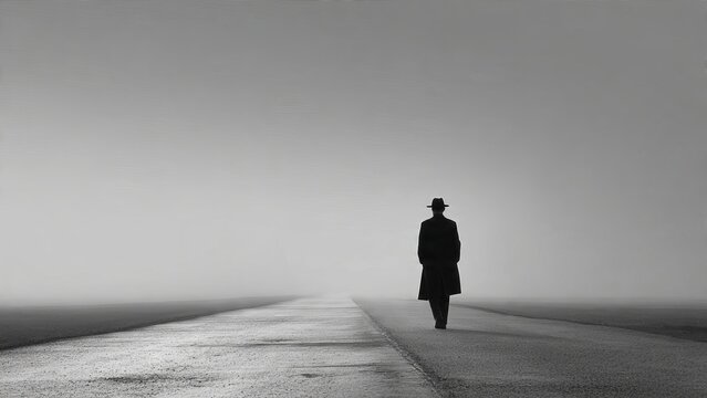Mysterious figure walks in monochrome landscape with hat
