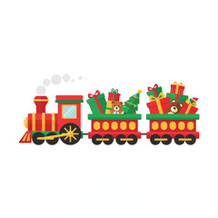A festive cartoon Christmas train carrying a load of colorful holiday presents, a small Christmas tree, and a teddy bear.