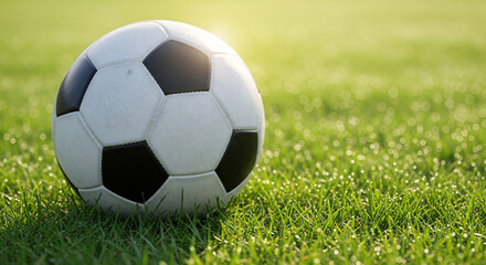 Obraz premium Classic soccer ball on lush green grass, ready for the big game action and excitement