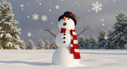 Fototapeta premium Surprised Snowman Wearing a Hat and Scarf in Falling Snow
