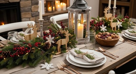 Fototapeta premium Elegant Christmas Table Setting with Natural Decorations and Warm Candlelight