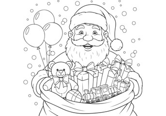 Santa Claus Coloring Book Illustration Featuring Gifts, Balloons, and Toys for Children's Holiday Fun and Creative Expression