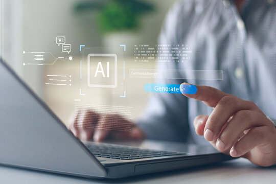 AI generation technology concept with person typing on laptop, surrounded by digital AI icons, artificial intelligence tools for daily content creation and productivity. Unlock work potential with AI.