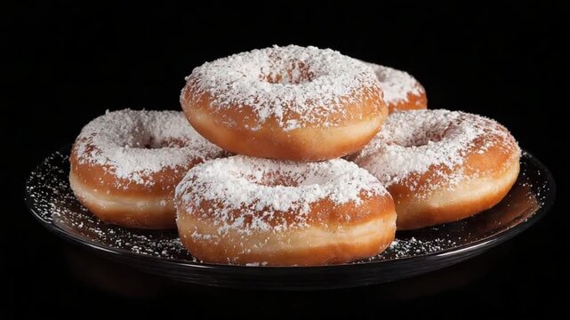 Powdered donuts on a plate.