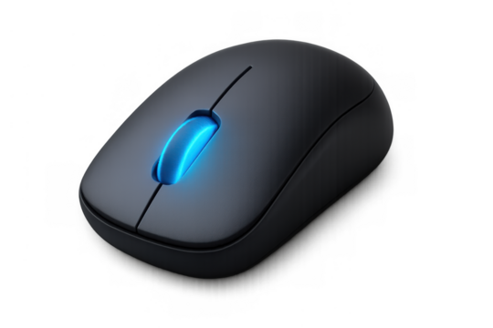 Computer mouse navigating digital space, modern wireless technology providing effortless control and connectivity, blue light illuminating scroll wheel
