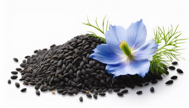 Black Cumin Seeds With Nigella Sativa Flower On White Background