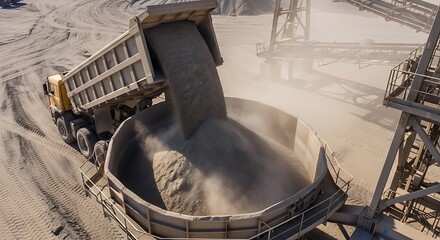 Heavy Duty Dump Truck Unloading Sand in Construction Site with Dust Cloud