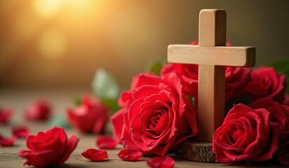Wooden cross with red roses on warm blurred background