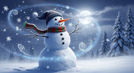 Magical Snowman Under a Winter Moonlit Night