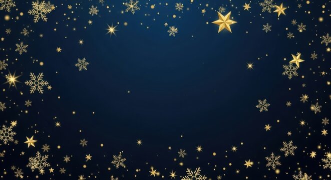 Beautiful Golden Snowflakes and Stars Falling on Deep Blue Background - Powered by Adobe