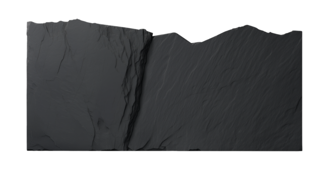 Monochromatic landscape with rugged rock face and smooth hills on transparent background