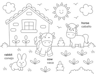 english spanish coloring pages with farm animals. you can print it on standard 8.5x11 inch paper. Exclusive on Adobe Stock