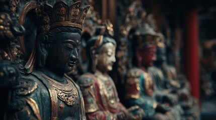 Ornate Buddha Statues Row in Serene Contemplation and Artistic Detail