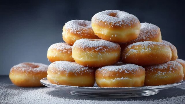 Powdered Sugar Sprinkling Over a Stack of Fresh Donuts.