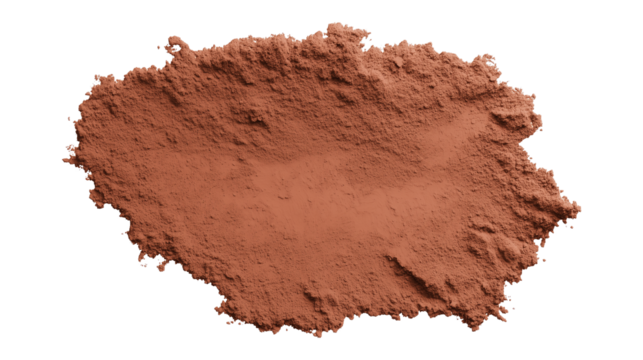 Close-up of fine reddish-brown powder with granular texture on transparent background