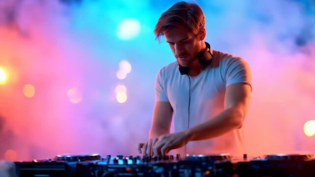 Man mixes music on dj controller in colorful smoke filled atmosphere