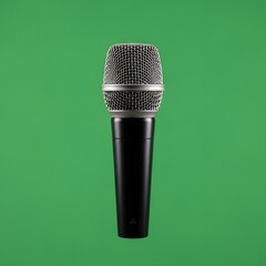 A professional handheld microphone with a silver grille and black body standing upright against a vibrant green background