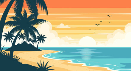 Obraz premium Scenic tropical coast with palm trees at twilight for dreamy vacations