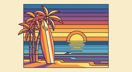 Stylized tropical beach landscape illustration with surfboard and palms