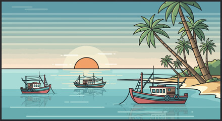 Tranquil tropical seascape with fishing boats and palm trees at sunset