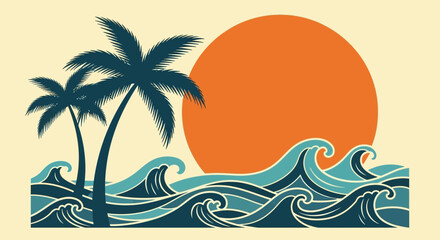 Obraz premium Tropical Beach Scene with Palm Trees, Sunset, and Waves Graphic Design