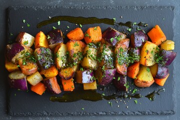 Colorful roasted vegetables on slate platter with herbs and olive oil