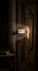 A close-up of a vintage keyhole with a key inserted, casting a shadow on a wooden door with ornate decorative elements in a dimly lit room