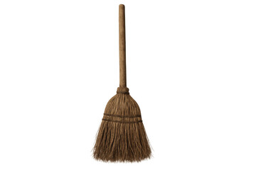 Broom with a long wooden handle and natural straw bristles for sweeping, cleaning, witchcraft, and halloween holiday themes. Transparent background