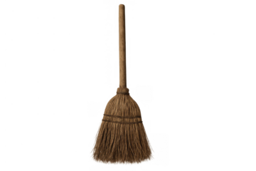 Broom with a long wooden handle and natural straw bristles for sweeping, cleaning, witchcraft, and halloween holiday themes. Transparent background