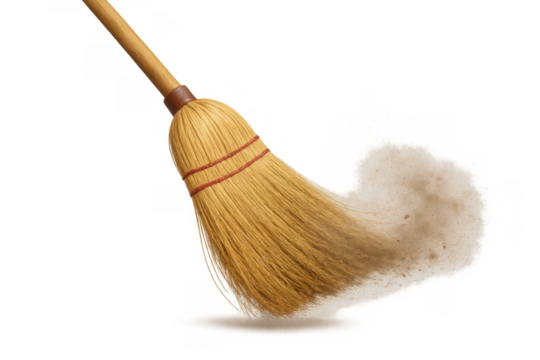 Broom sweeping dust, cleaning household chore, removing dirt from floor, isolated on transparent background