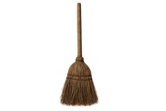 Broom with a long wooden handle and natural straw bristles for sweeping, cleaning, witchcraft, and halloween holiday themes. Transparent background