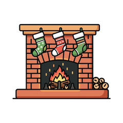 A charming illustration of a brick fireplace with three colorful Christmas stockings hanging over a warm, glowing fire.