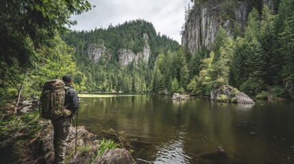 Adventurous Hiker Contemplating a Serene Lake Landscape Surrounded by Towering Cliffs and Lush Green Forest