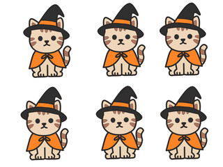 Clip art illustration of a cute cat wearing a witch costume on a white background.