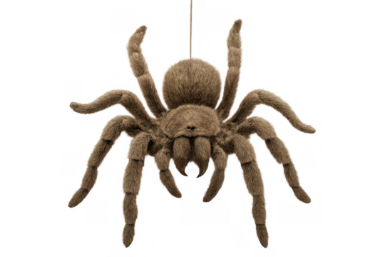 Hairy tarantula spider hanging on a single thread against a transparent background creating a sense of fear and arachnophobia