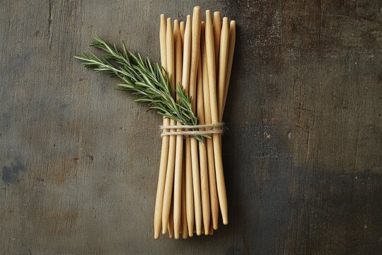 Bundle of breadsticks with fresh rosemary on rustic surface